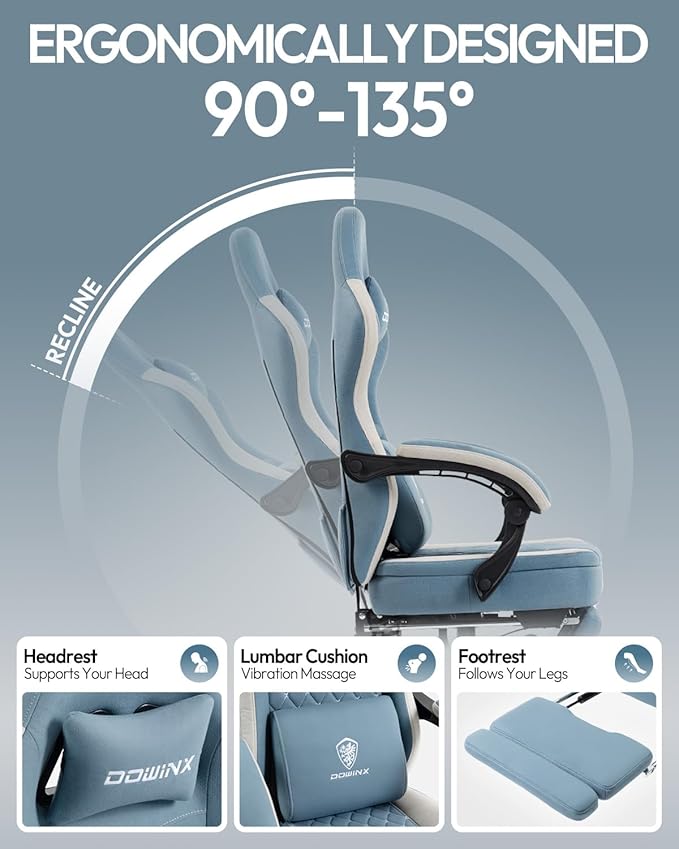Dowinx Gaming Chair with Footrest, Breathable Fabric Gamer Chair with Gel Pad and Storage Bag, Ergonomic Office Chair with Lumbar Support for Home Task, Blue