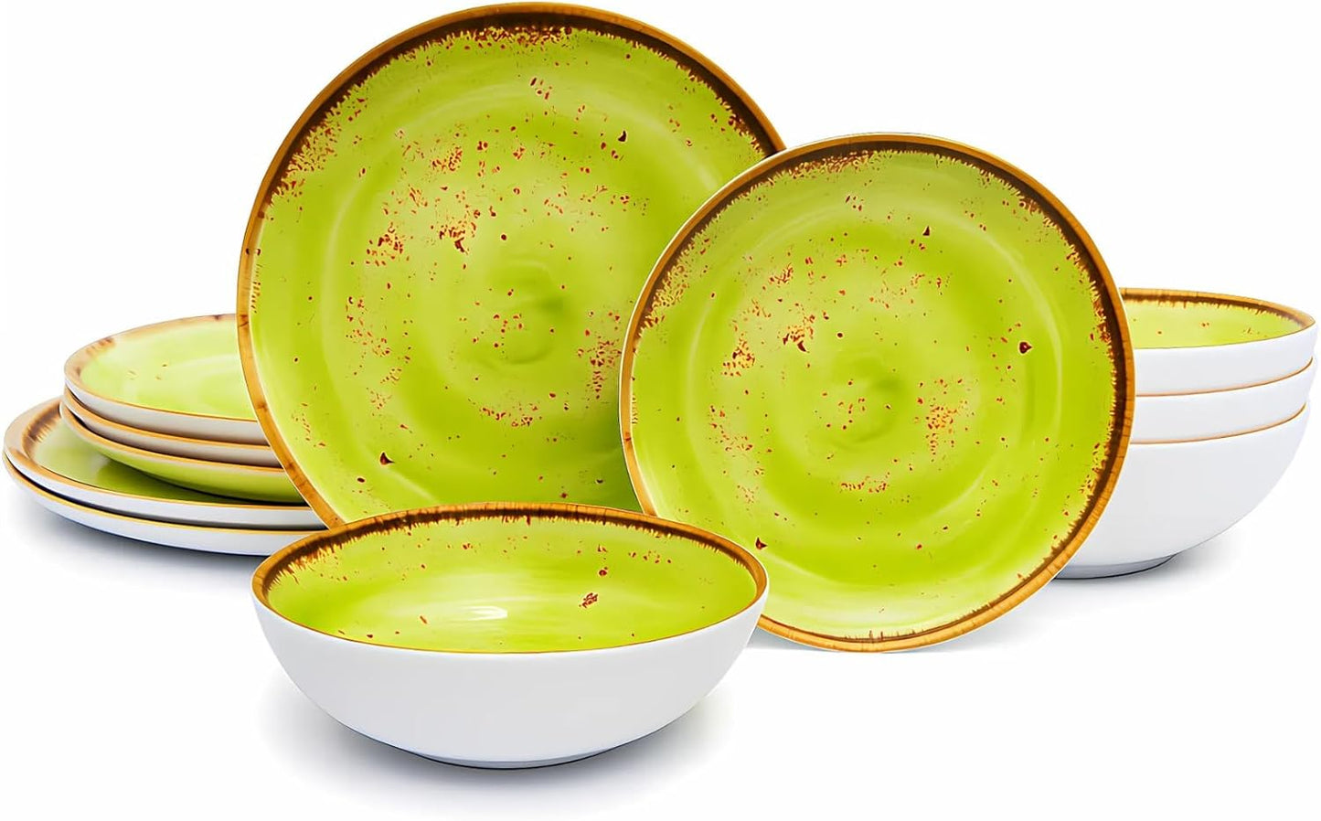 TP 12-Piece Dinnerware Set, Melamine Dishes Set with Bowls and Plates, Non-breakable and Lightweight Dinner Service for 4, Green Swirl