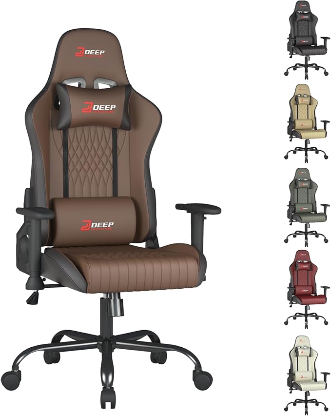Video Game Chair Ergonomic Comfortable Gaming Office Chair Height-Adjustable with a 360° Swivel Base and Headrest(1002-Brown)