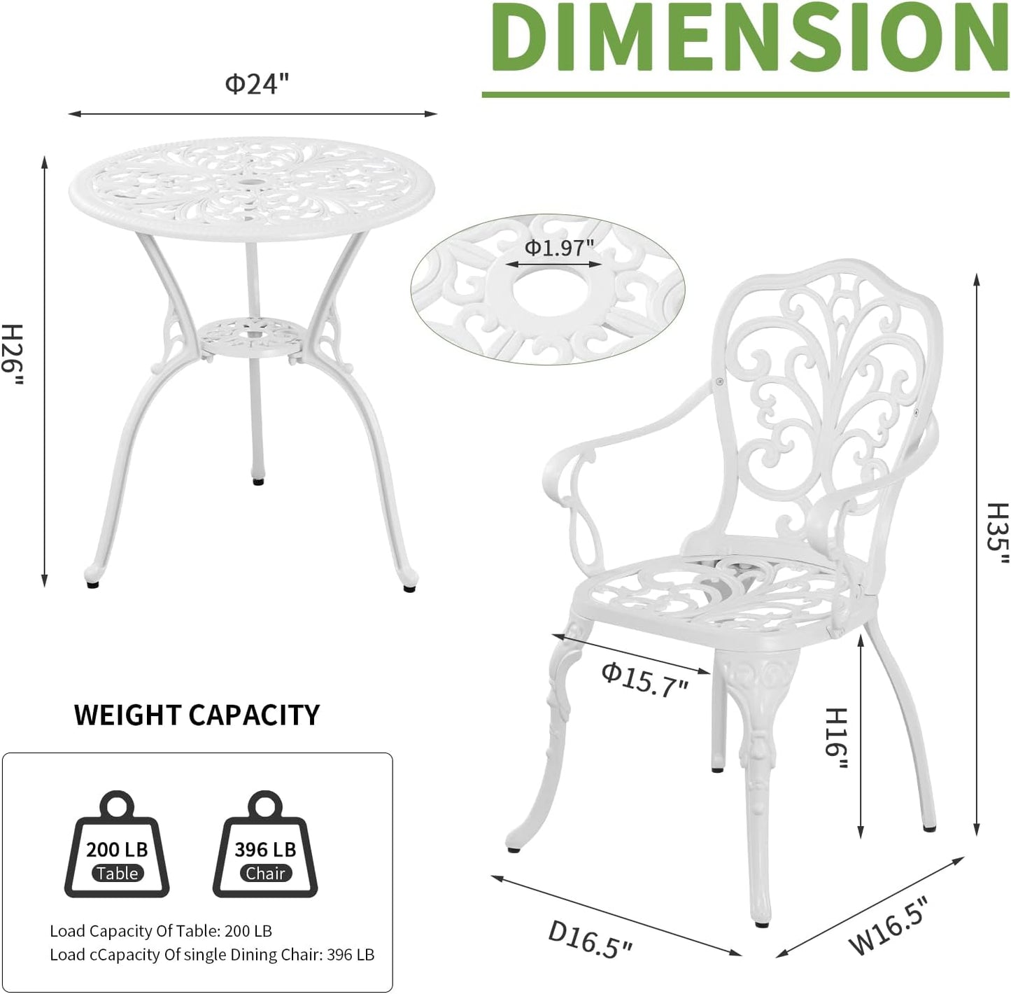 Patio Bistro Set 3 Piece Cast Aluminum Outdoor Bistro Set, Rust Resistance Bistro Table and Chairs of 2 with Umbrella Hole, Small Patio Set for Garden Outside, White