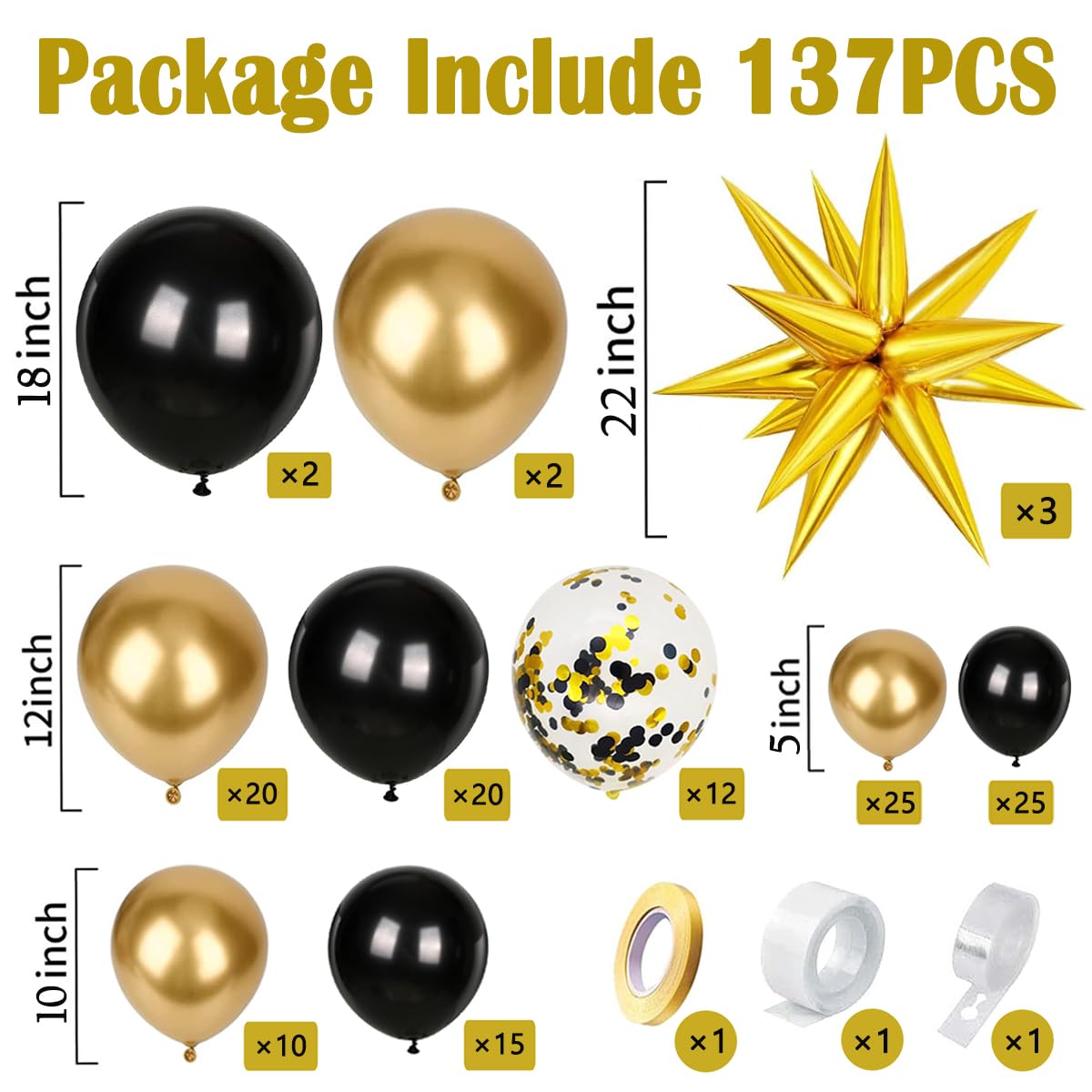 KARLURE Black and Gold Balloons Arch Kit with Star Balloons for Graduation Decorations 2026 Class Prom Retirement Grad Party Decor Men Birthday Masquerade Anniversary Party Decorations
