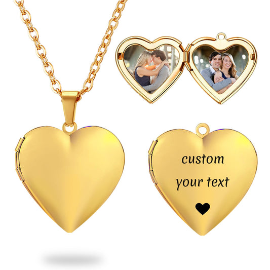 PHOCKSIN Glossy Gold Heart Lockets Personalized Locket Necklace for Women Custom Photo Picture Locket with Text & Symbols Engraved Customized Gifts
