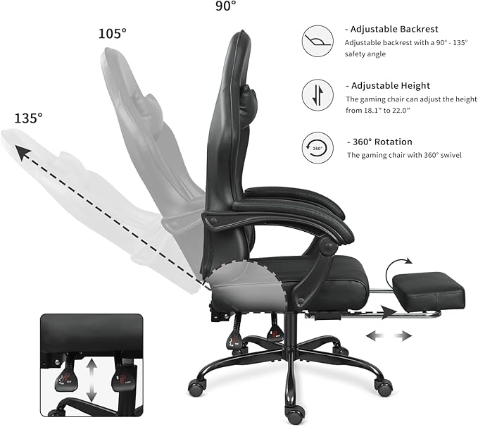 Gaming Chair with Footrest and Massage Lumbar Support, Height Adjustable Game Chair, Video Gaming Chair for Gaming Room, Living Room and Office - Black