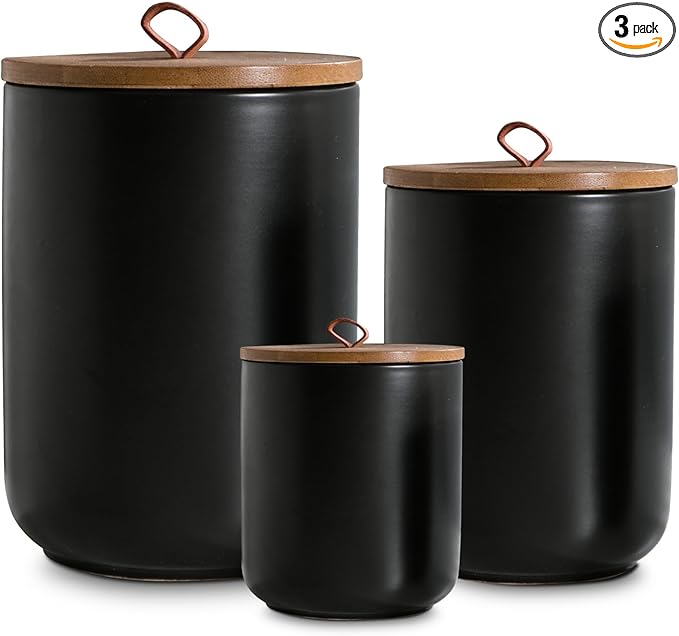 Black Ceramic Canister Set with Wooden Lid, 3-Piece Food Storage Jars for Kitchen Counter, Storage Container for Coffee, Tea, Spice, Sugar, Grains, Salt