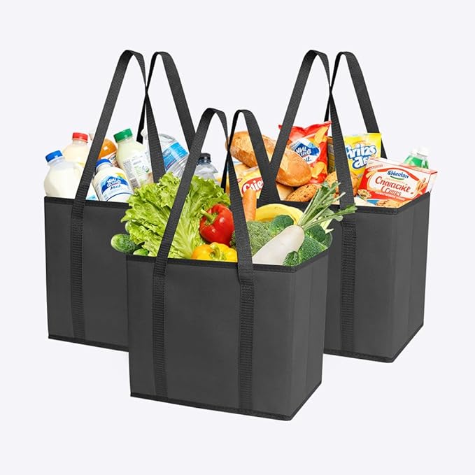 DOUKE Reusable Grocery Tote Bags, 3-Pack Heavy Duty Reusable Shopping Bags with Long Handles, Large Box Shape Tote Bags to Stand Up, Stay Open, Fold Flat (Black)