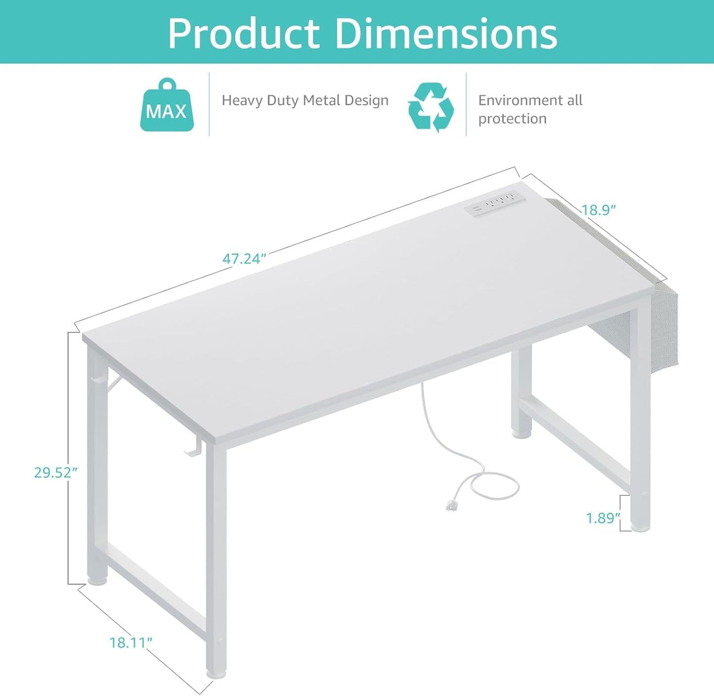 Lufeiya White Computer Desk with Power Outlet, 47 inch Teen Study Table Home Office Work Writing Gaming Desks with Charging Station Outlets Built in, White