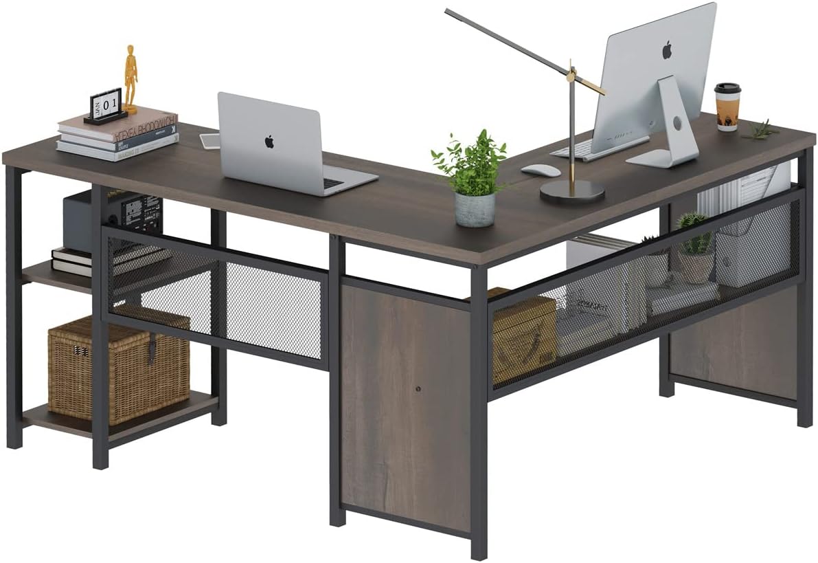 FATORRI L Shaped Desk, Industrial Reversible Home Office Computer Desk with Wood Shelves, Corner Desks with Metal Legs (Walnut Brown, 59 Inch)