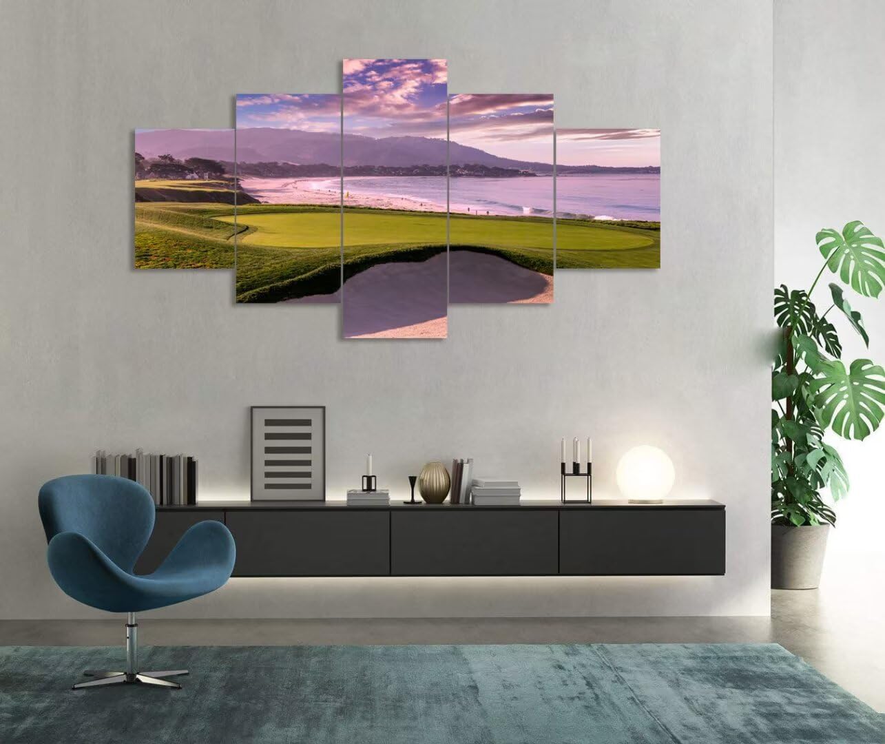 Pebble Beach Golf Course Hole 9th Wall Art Pictures Monterey California Golf Course Wall Decor for Living Room Bedroom Bathroom Home Decorations Canvas Prints Framed Ready to Hang(50''W x 24''H)