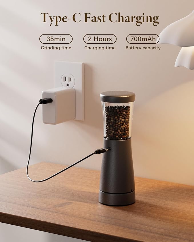 Electric Salt and Pepper Grinder Set Rechargeable, Electric Pepper Grinder with Adjustable Coarseness, 4.5oz Large Capacity, 1.8" Wide-Mouth & Storage Base, One-Hand Operation Kitchen Gadgets