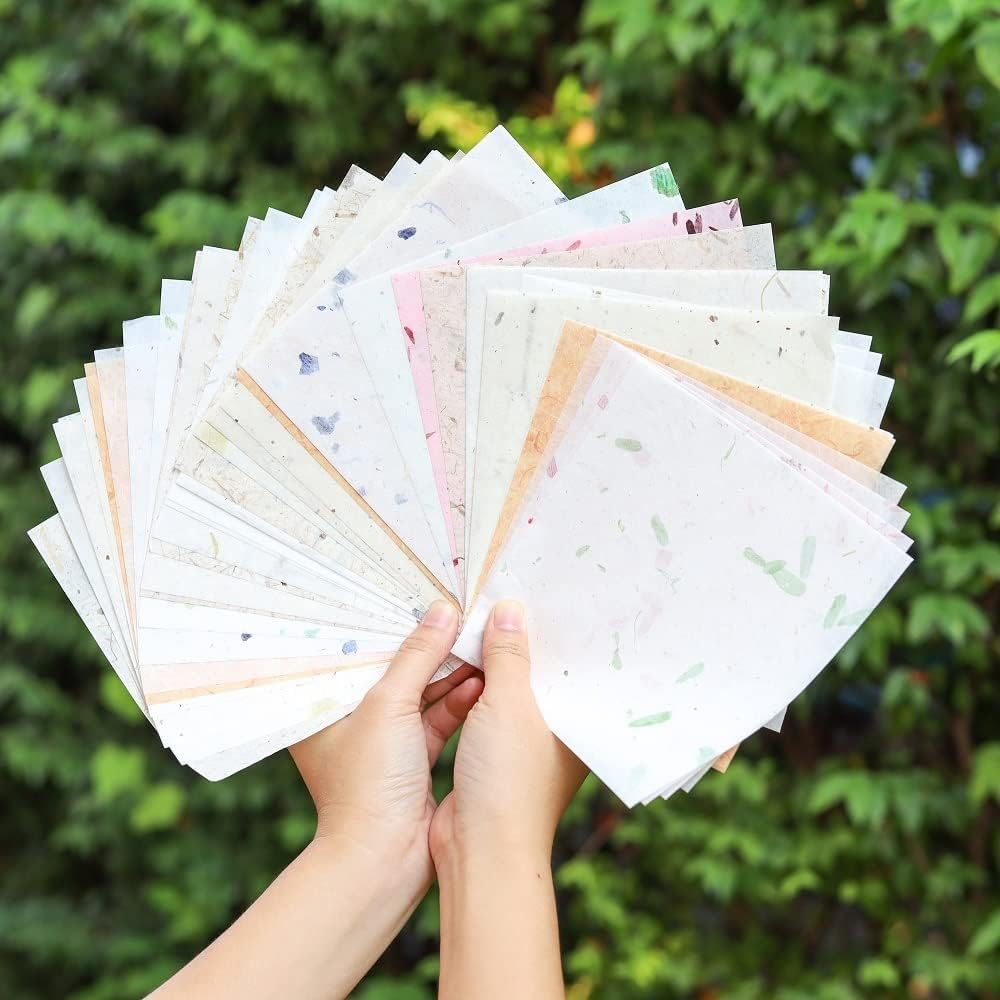 8 x 8 Inches Natural Fiber Leaves Banana Bark Mulberry Paper Sheets 50 Sheets Square Origami Paper Arts Folding Craft, Square Folding Paper for DIY Crafts (Mixed Leaves,Banana Bark, etc., 8"x8")
