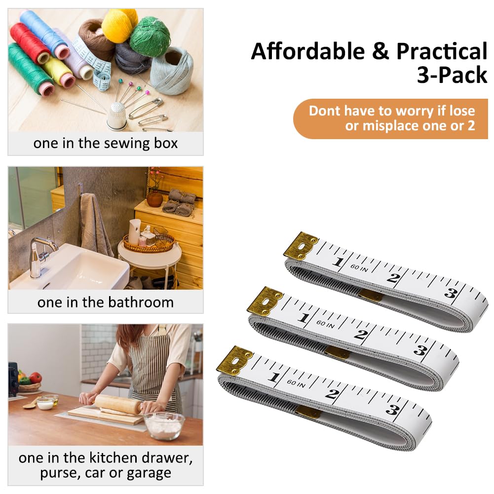 3-Pack Tape Measure Body Double Scale Soft Measuring Tape 60inch (150cm), Flexible Sewing Cloth Craft Fabric Ruler for Body Measurements & Weight Loss, Accurate & Easy to Read Large Clearly Numbers