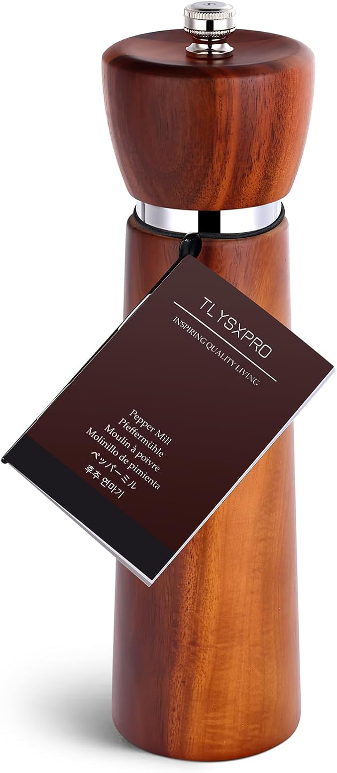 Wooden Pepper Grinder – Refillable Pepper Mill with Adjustable Upgraded Large Size Ceramic Burr – Manual Salt Grinder with Acacia Wood Body – 8.3” Tall