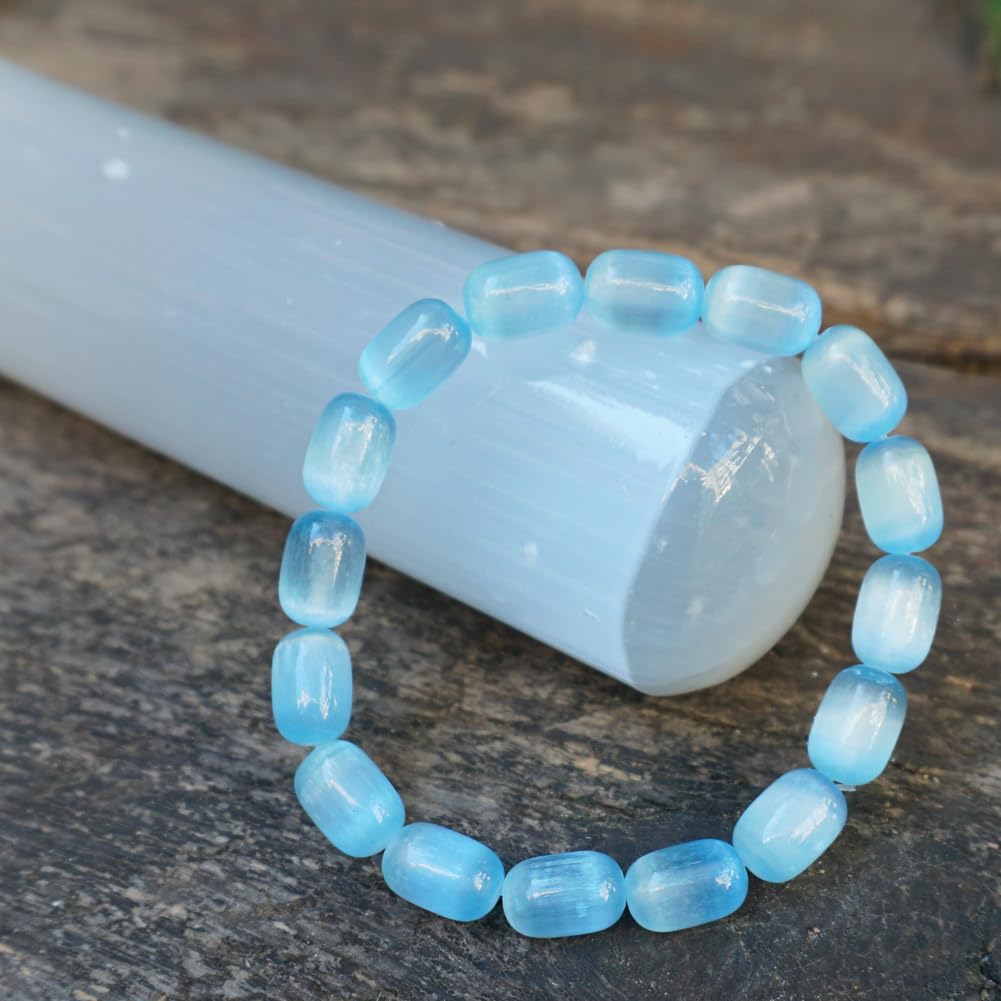TaHLga Natural Selenite Crystal Bracelet for Women Men | 8x12mm Blue Plated Cylinder Beads | Authentic Stone with Leather Pouch, Gift Box & Repair Kit | Fits 7.5 inch Wrist