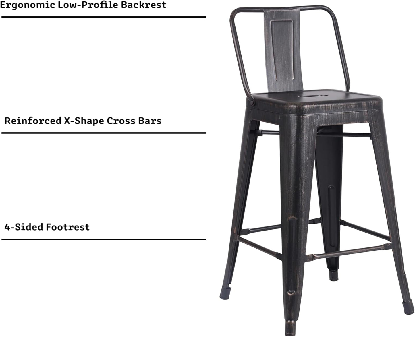 AC Pacific 24” Metal Barstool Set of 4 – Country Rustic Style with Low Back, Lightweight & Sturdy Build, Easy Assembly – Distressed Black