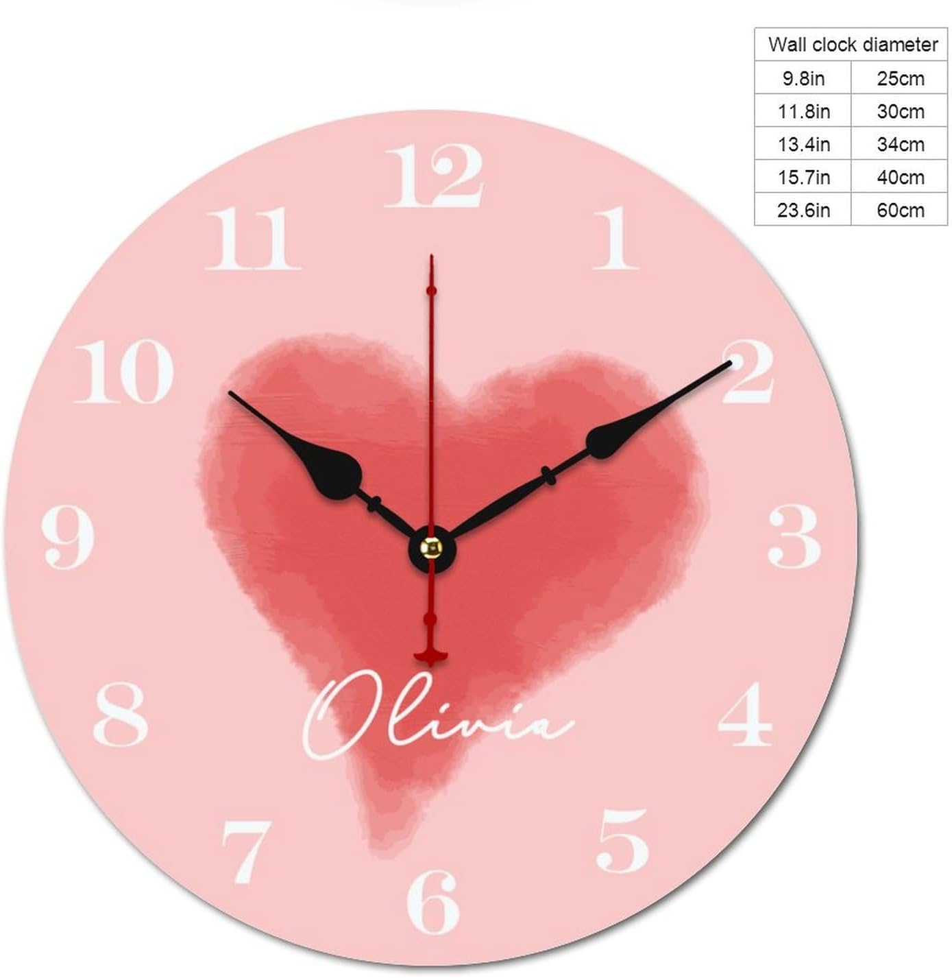 Red Heart Personalized Wood Wall Clocks Rustic Battery Operated 10 inch Non Ticking Kids Girls Name Wall Clock for Kids Rooms Boys Girls,Nursery Wall Clock,Custom Kids Clock with Name