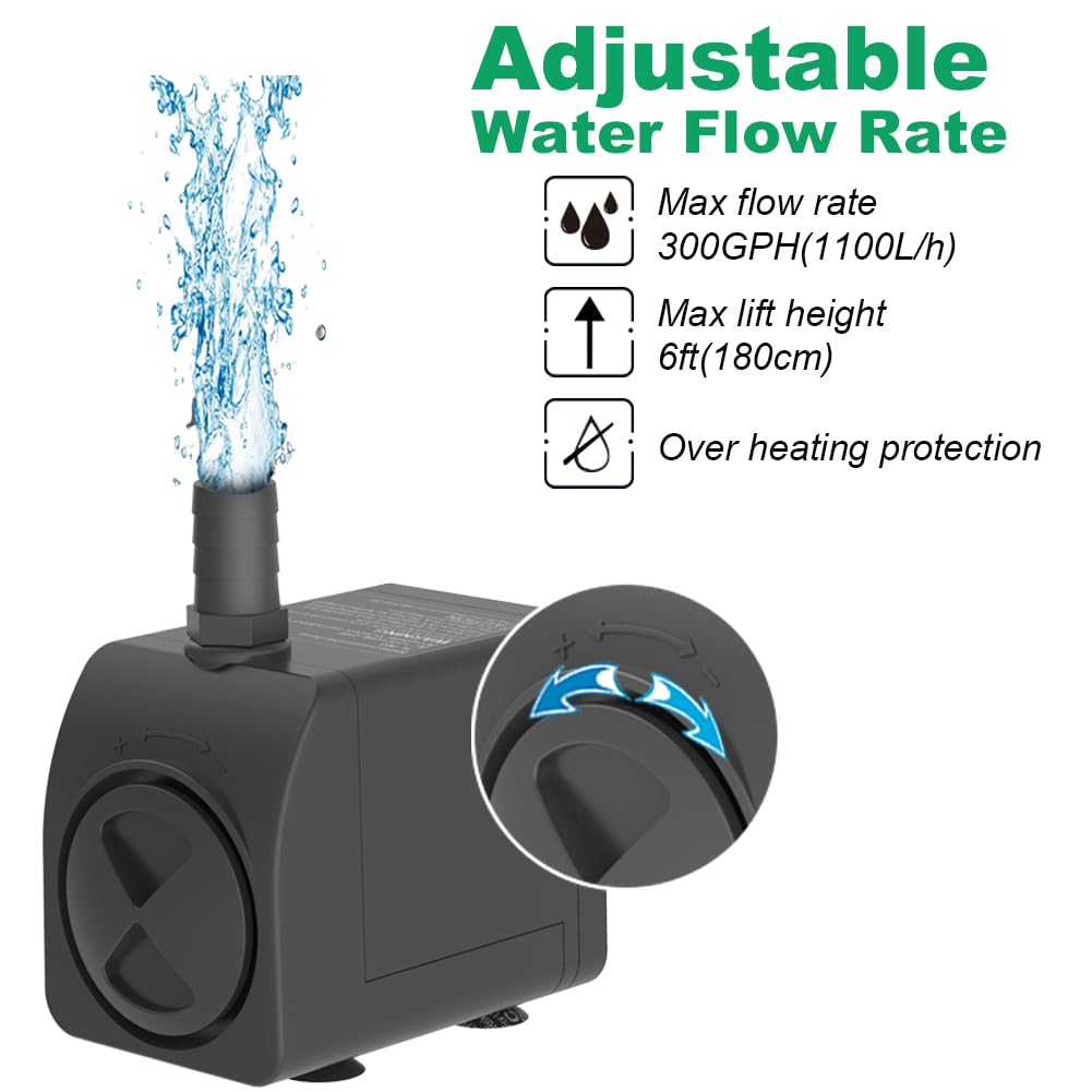 Knifel Submersible Pump 300GPH Ultra Quiet with Over Heating Protection 6ft High Lift for Fountains, Hydroponics, Ponds, Aquariums & More…