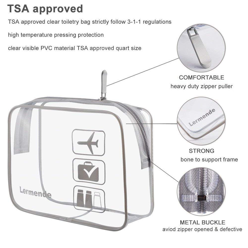 Lermende 2pcs Clear Toiletry Bag TSA Approved Travel Bag,Carry On for Travel,Airport Airline Accessories Compliant Bag,Quart Sized Makeup Cosmetic bag Women Men (Gray, 3 Pack)