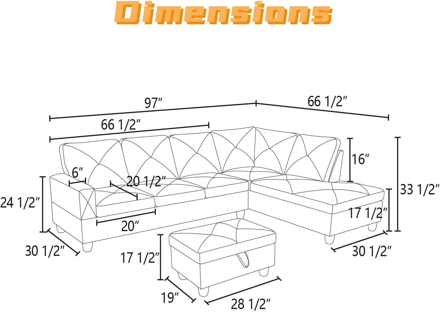 L Shaped Sectional Couch with Otttoman, 97" Leather Sectional Sofa for Living Room Modular Couches with Cup Holders for Bedroom, Apartments, Dark Grey