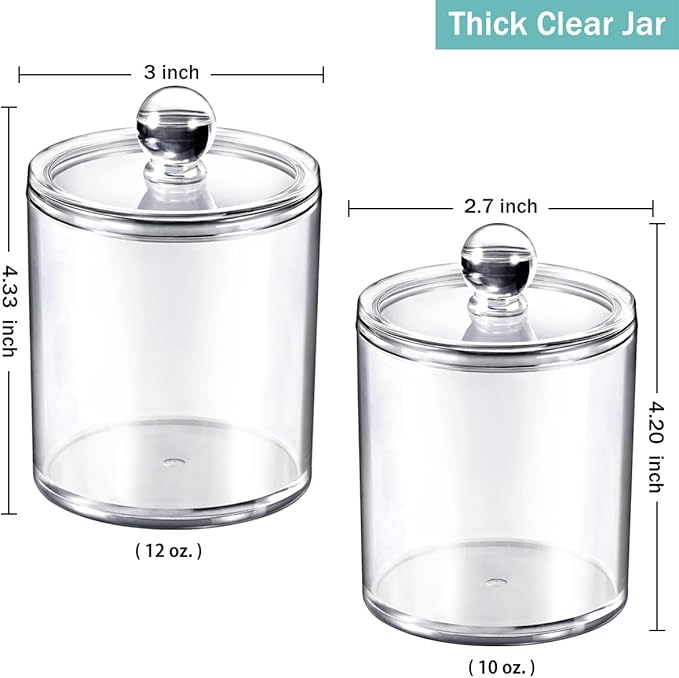SheeChung 4 Pack. Plastic Acrylic Bathroom Vanity Countertop Canister Jars with Storage Lid, Apothecary Jars Qtip Holder Makeup Organizer for Cotton Balls,Swabs,Pads,Bath Salts (Clear, 12oz&10oz)