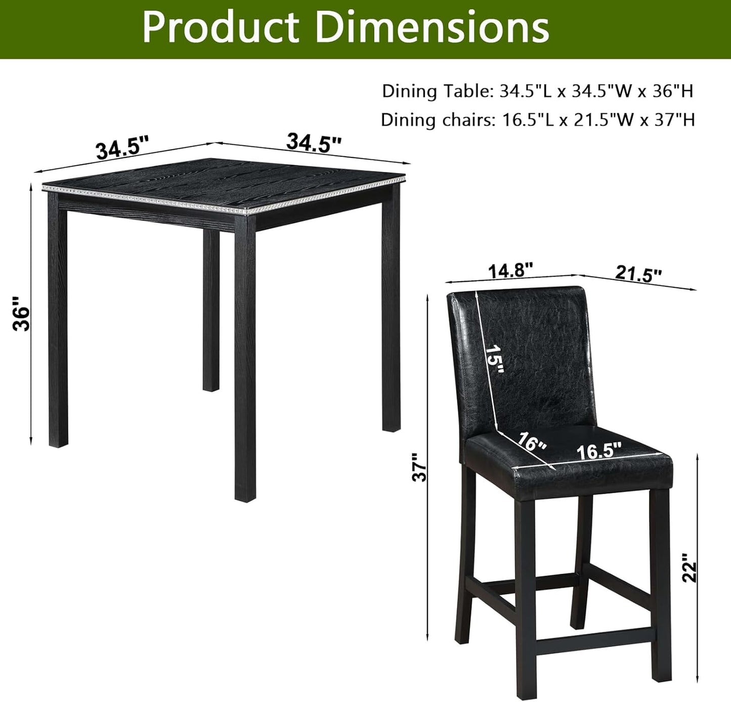 KEIKI 5-Piece Counter Height Dining Table Set with Square Table and 4 Upholstered Chair, for 4 Person, Classic Style Crystal Decoration Wooden Table Set, Easy Assembly, for Kitchen, Dining Room, Black