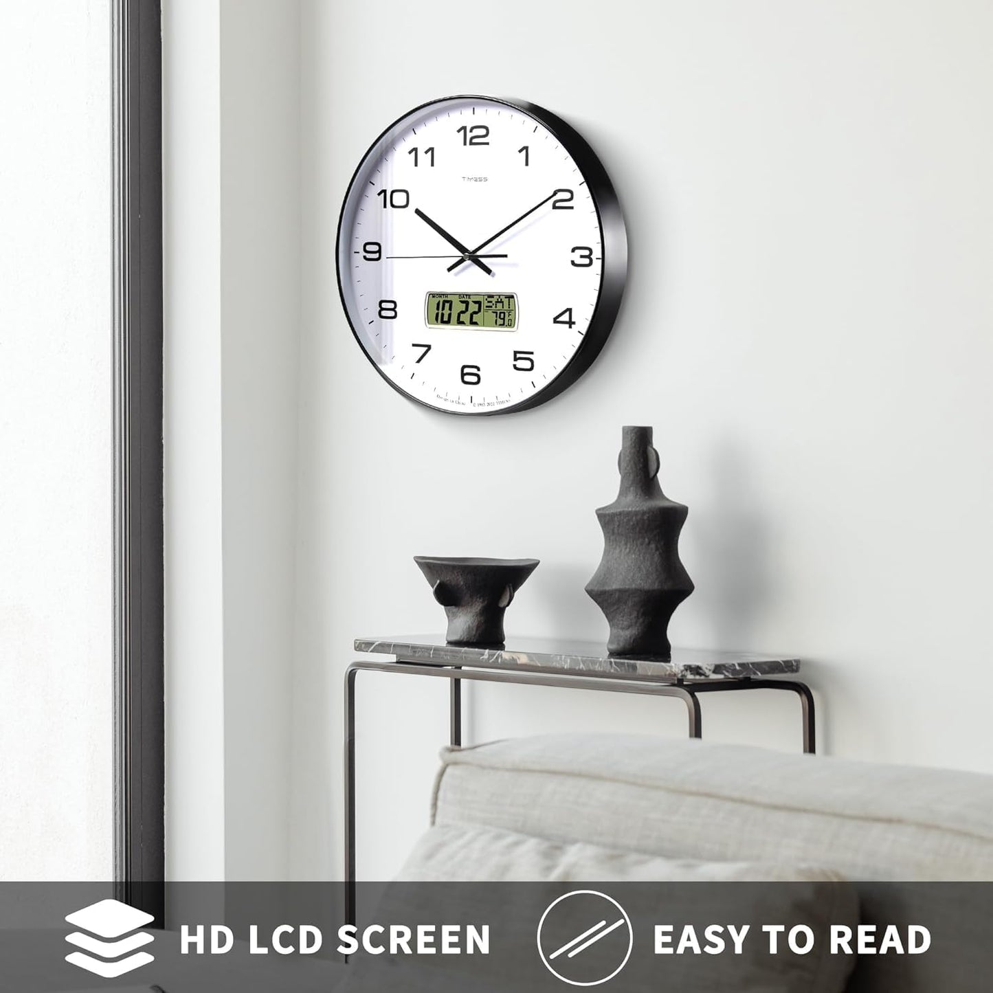 Wall Clock, 10" Dial Non-Ticking Silent Battery Operated Analog with LCD Display for Perpetual Calendar and F° Temperature, Ideal Modern Home, Bedroom, Kitchen, Office Decor (Black)