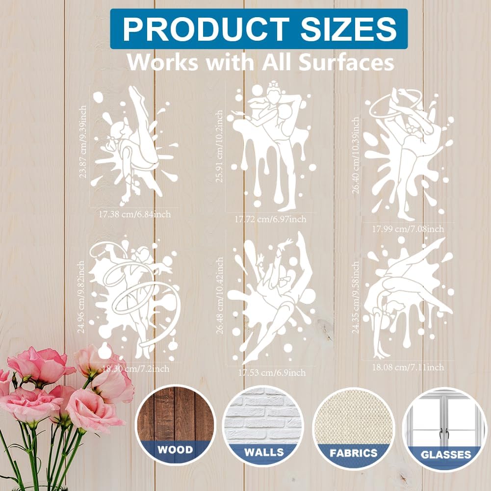MAYJOYDIY 6pcs A4 Splash Gymnastics Stencil 11.7×8.3inch Large Artistic Gymnastics Posture Stencils with Paint Brush Reusable Lady Gymnastics Sport Template for Furniture Windows Wood Wall Tile Canvas