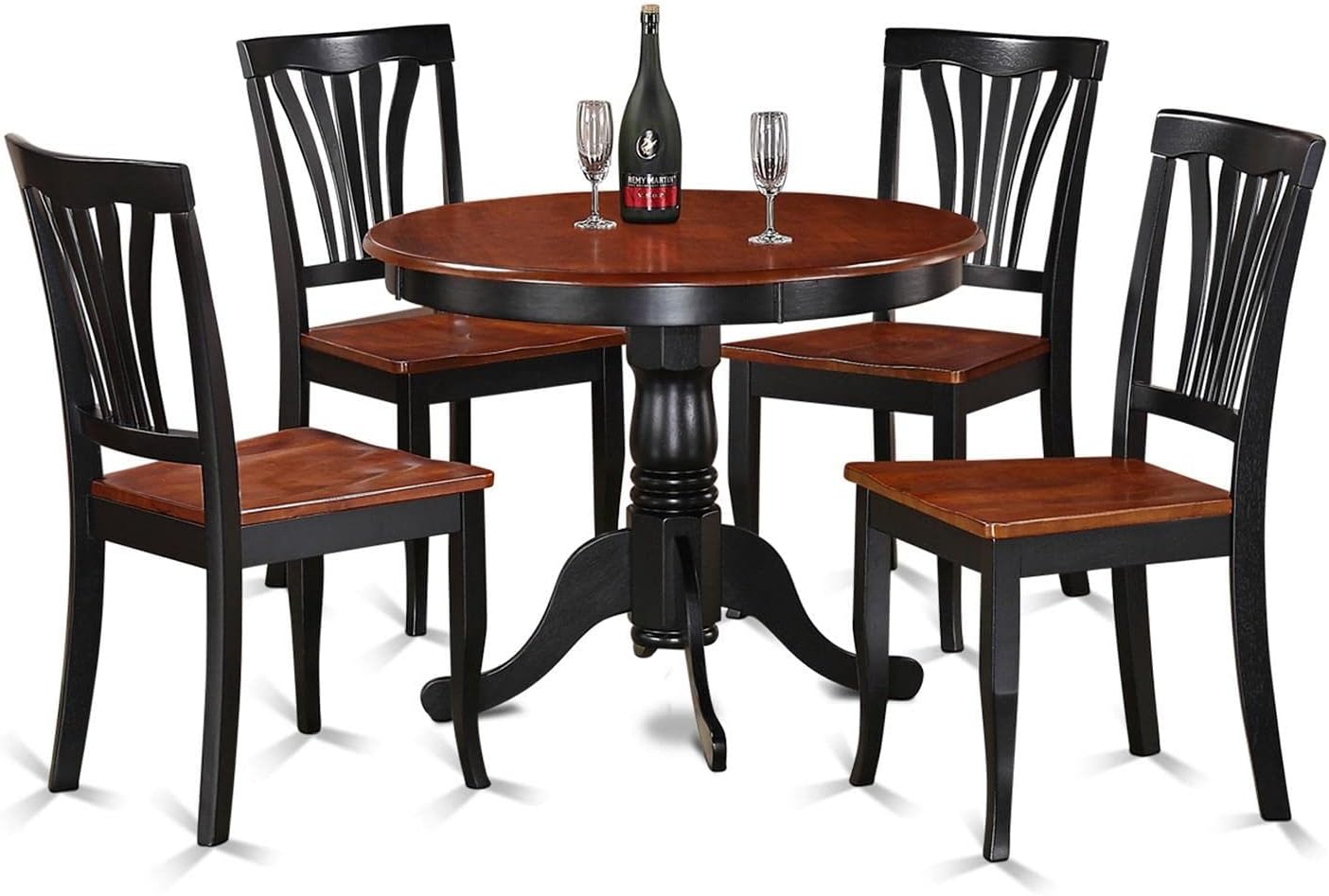 East West Furniture ANAV5-BLK-W 5 Piece Kitchen Table Set for 4 Includes a Round Dining Room Table with Pedestal and 4 Dining Chairs, 36x36 Inch, Black & Cherry