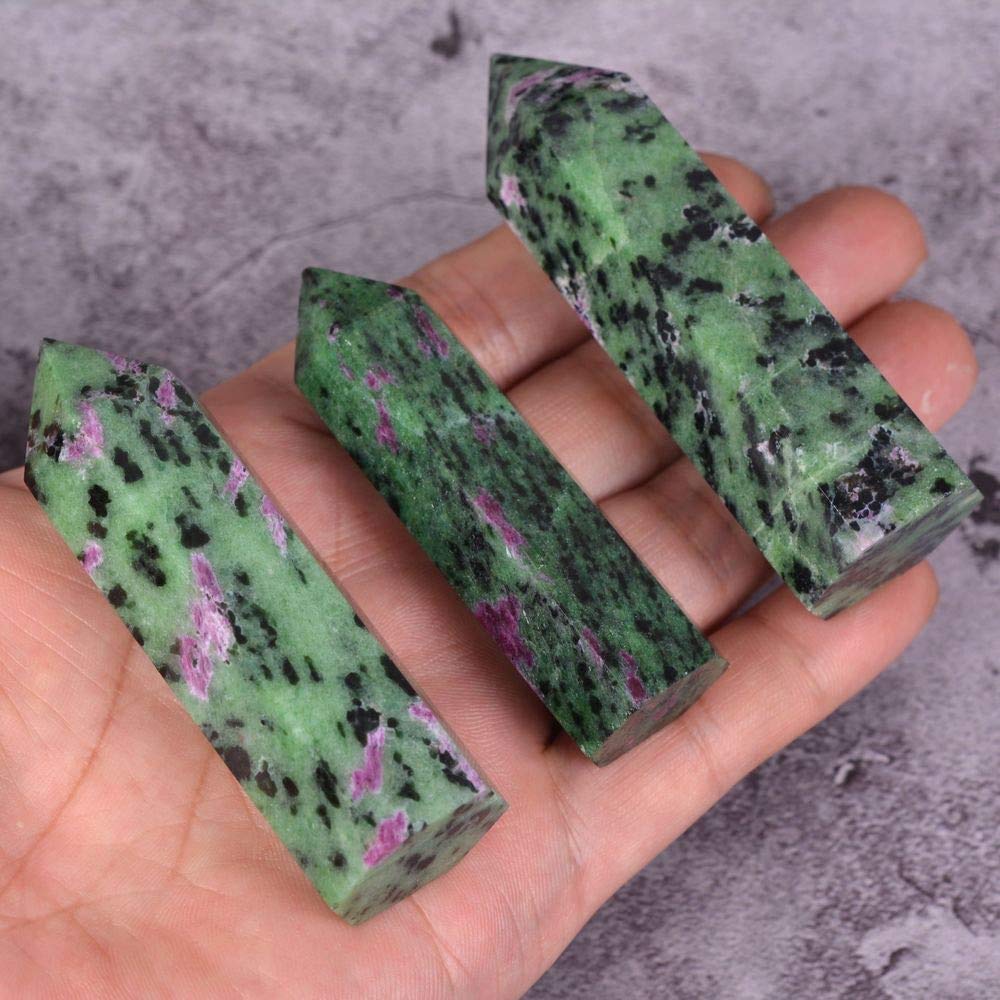 Angelstones Natural Green Ruby Zoisite Gemstone Healing Crystal Hexagonal Pointed Reiki Chakra Faceted Prism Wand Carved Stone Figurine Home Decor