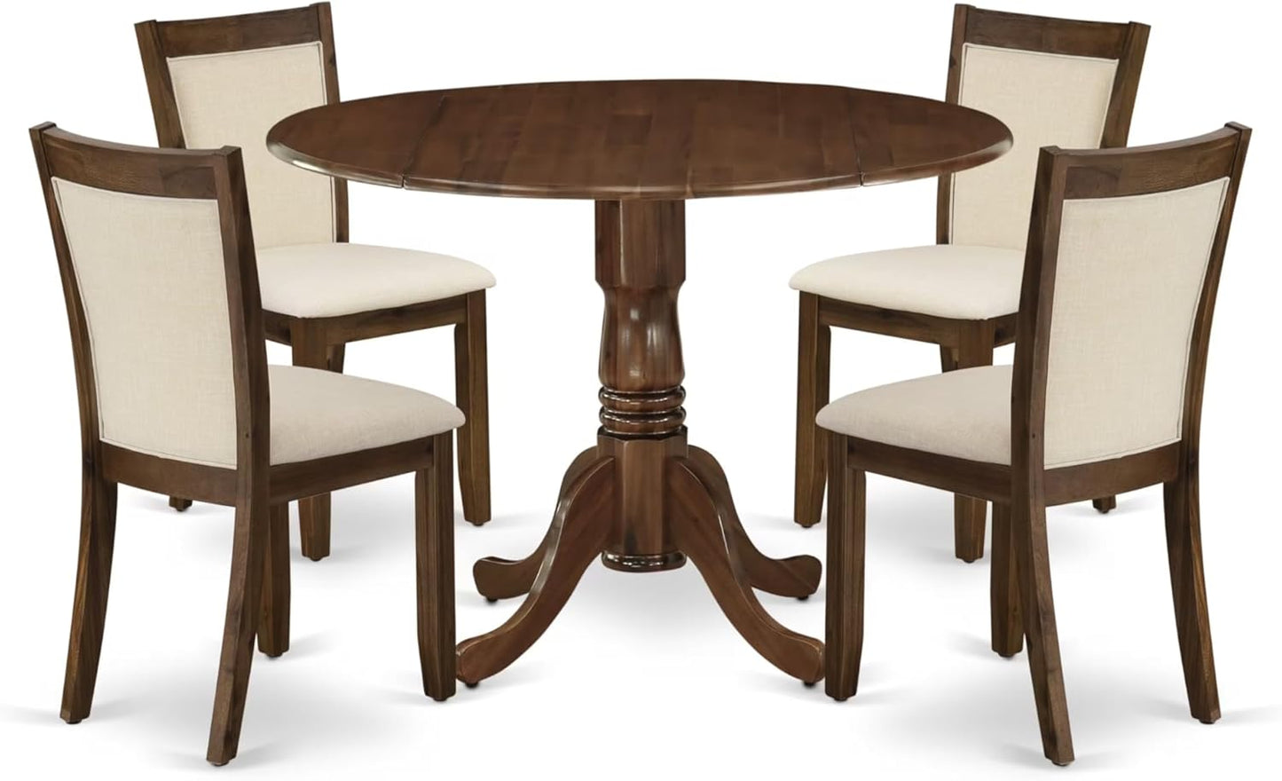 East West Furniture DLMZ5-AWA-32 5 Piece Dining Room Furniture Set Includes a Round Kitchen Table with Dropleaf and 4 Parson Chairs, 42x42 Inch, Antique Walnut