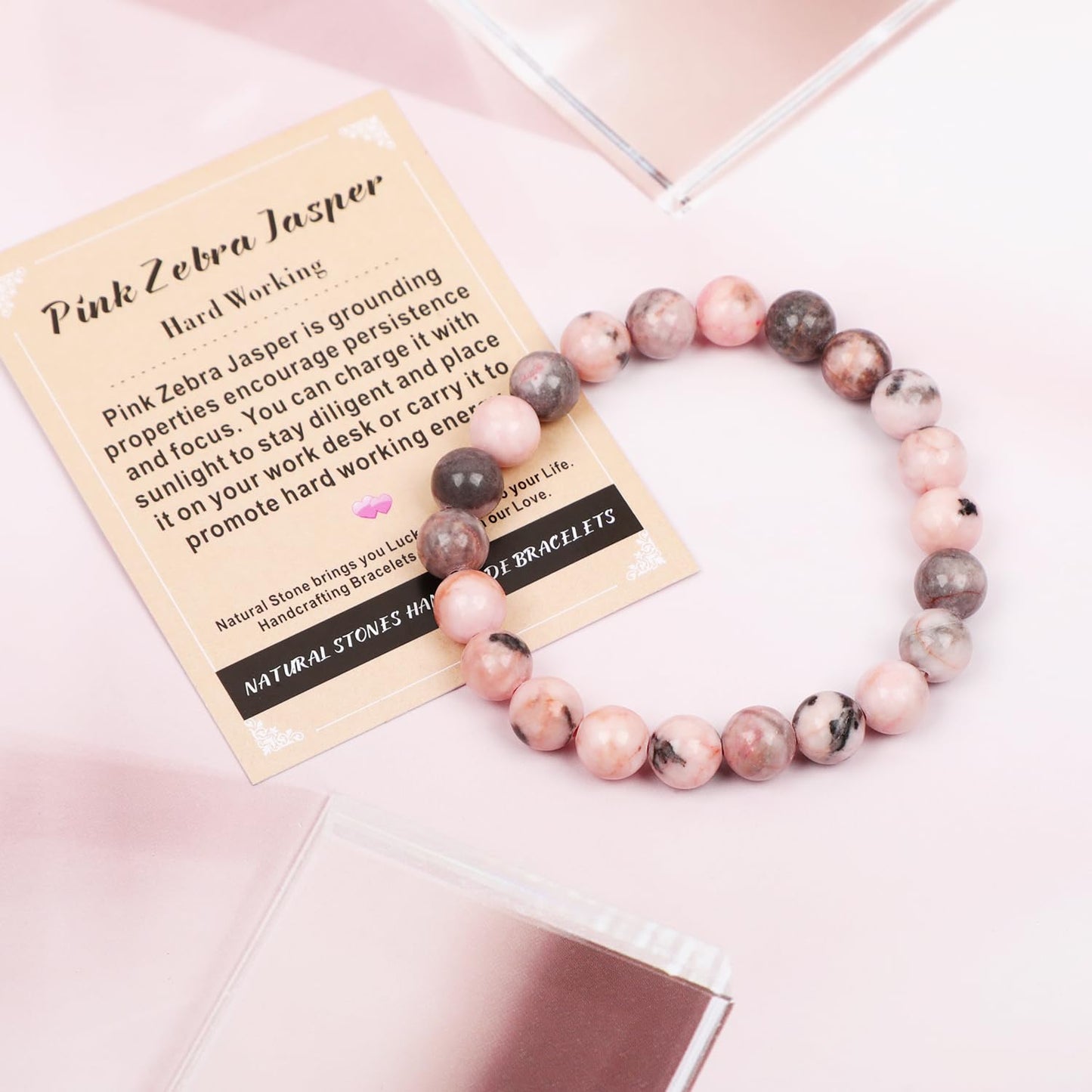 AD Beads Handmade Gemstone Stretch Elastic Bracelet Crystal Healing Reiki Nature's Beauty and Spiritual Essence Unisex (4mm, Pink Zebra Jasper (Hard Working))