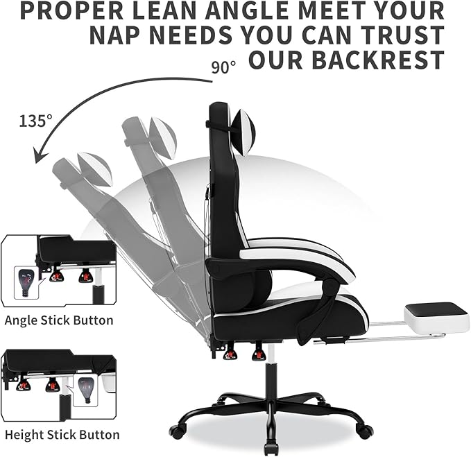 Gaming Chair with Massage,Ergonomic PC Gaming Chair with Footrest Comfortable Headrest and Lumbar Support,High Back PVC Leather,300LBS (Black White)