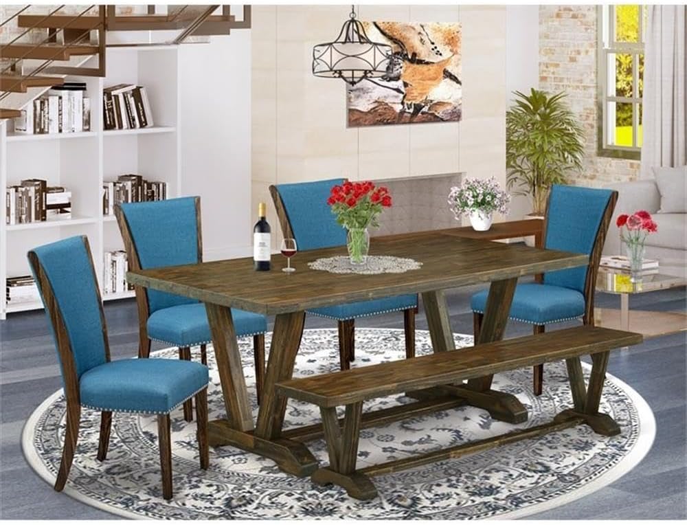 East West Furniture V777VE721-6 6 Piece Dining Table Set Contains a Rectangle Dining Room Table with V-Legs and 4 Blue Color Linen Fabric Parson Chairs with a Bench, 40x72 Inch, Multi-Color