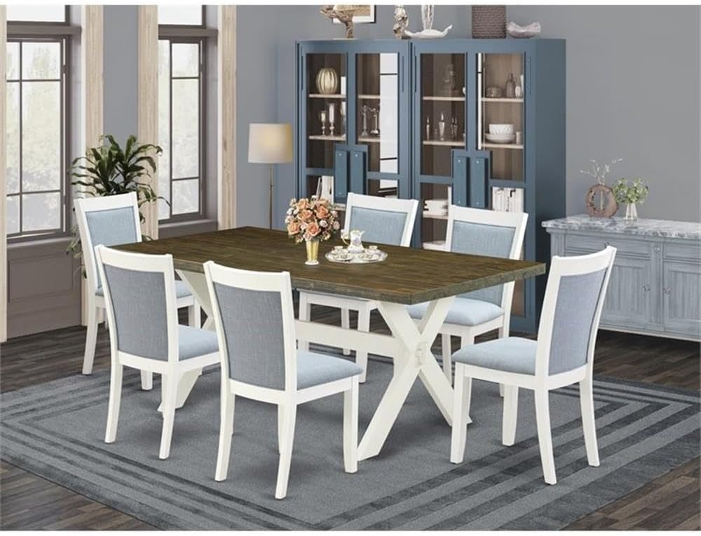 East West Furniture X077MZ015-7 7 Piece Dining Room Table Set Consist of a Rectangle Kitchen Table with X-Legs and 6 Baby Blue Linen Fabric Parson Dining Chairs, 40x72 Inch, Multi-Color