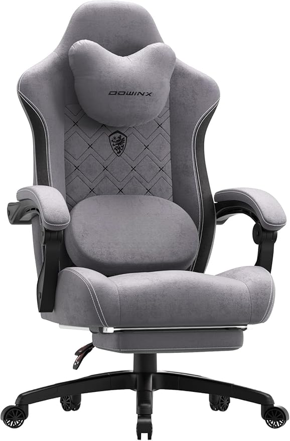 Dowinx Gaming Chair with Heated Massage Lumbar Support,Big and Tall Fabric Gaming Chairs for Adults with Footrest, Ergonomic Computer Game Chair with Poket Spring Cushions, 350lbs, Gray