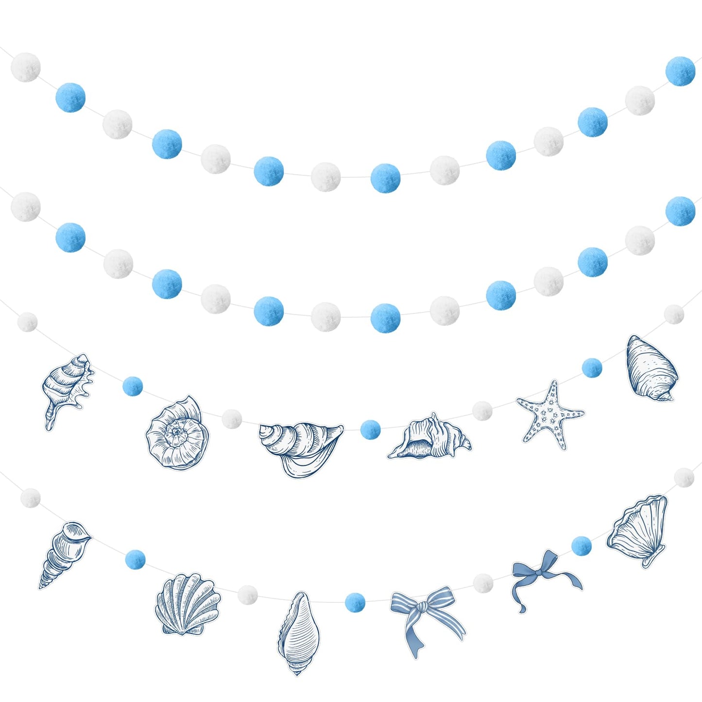 Frienda 3 Pcs Seashell Blue and White Felt Ball Garland Pom Pom Banner Carnival Themed Felt Ball Decoration for Backdrop Birthday Luau Mexican Tropical Party Christmas Decoration