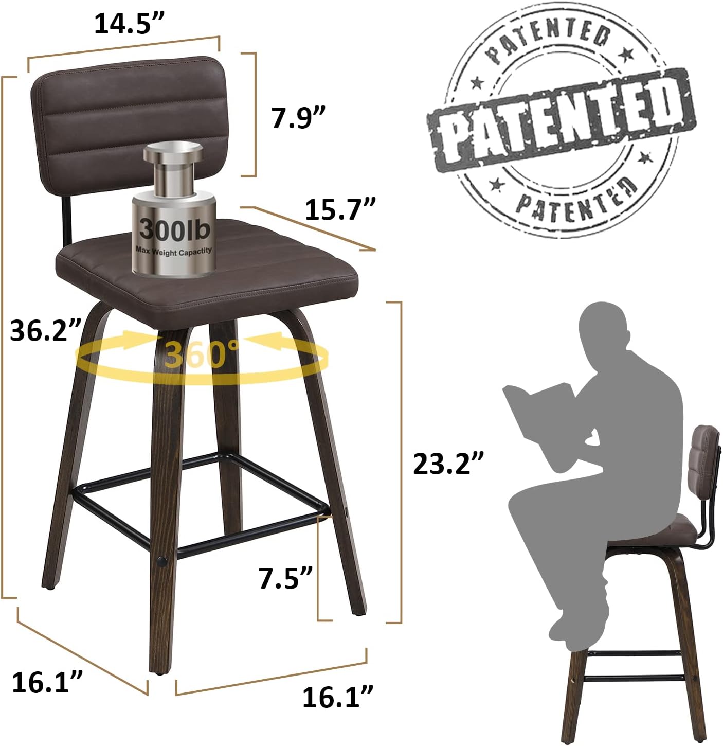 Counter Height Bar Stools Set of 2 Wood Swivel Bar Stools for Kitchen Island Modern Square Barstools with Leather Back Cushion Industrial Vintage Bar Chair Rustic Furniture for Home Pub 24 Inch Brown