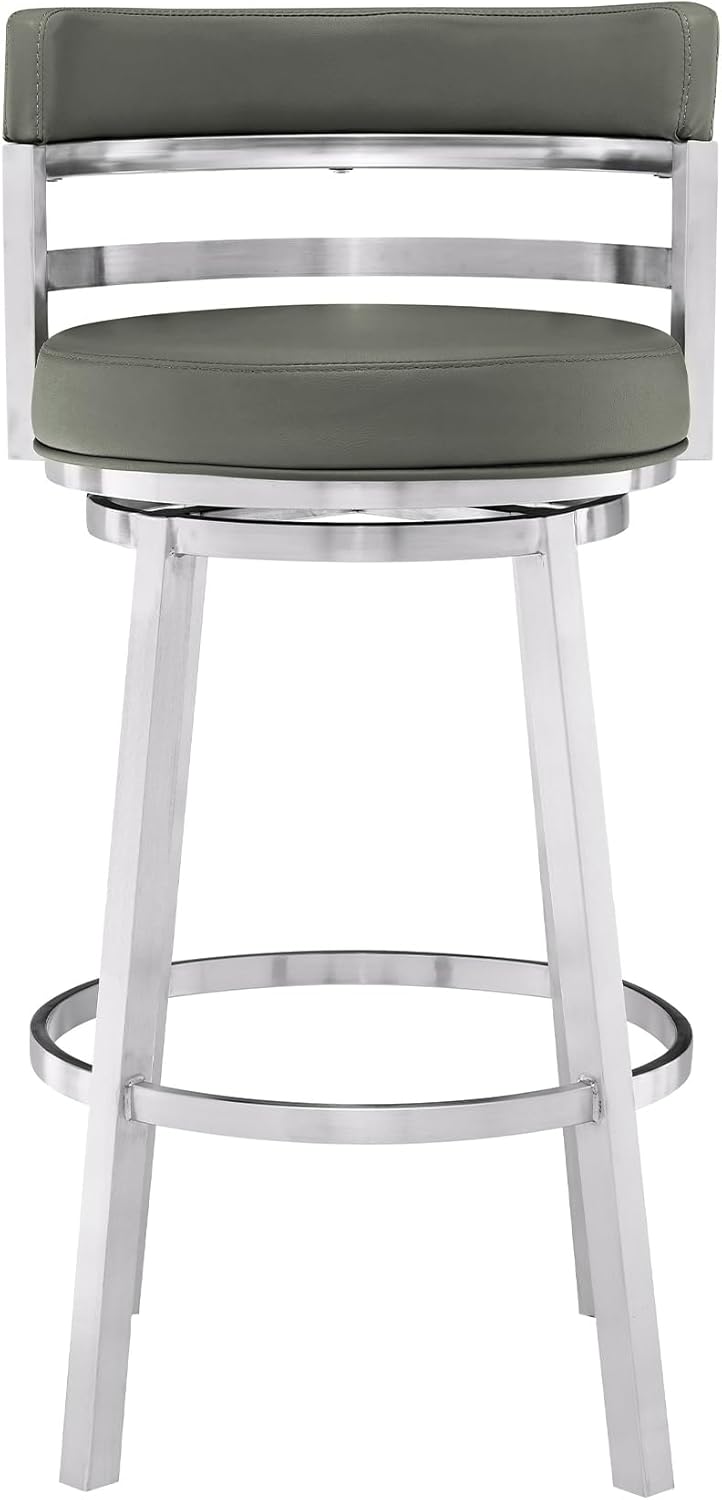 Armen Living Titana 26" Counter Height Swivel Grey Faux Leather and Brushed Stainless Steel Bar Stool