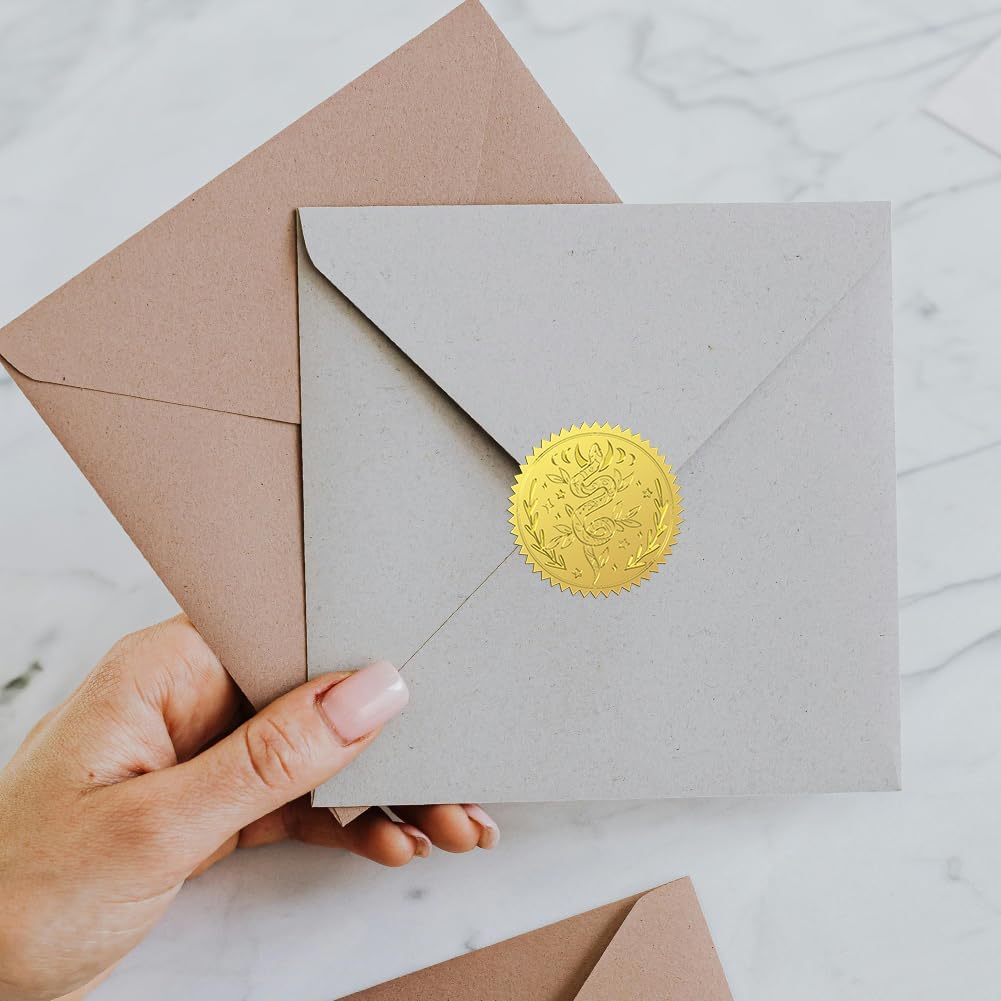 Peacoblue Gold Foil Sticker Seal Embossed 2 Inch 100Pcs Snake and Moon, Self Adhesive Gold Around Embossing Sticker for Invitation Certificate Envelope Seal Gift Card Decoration