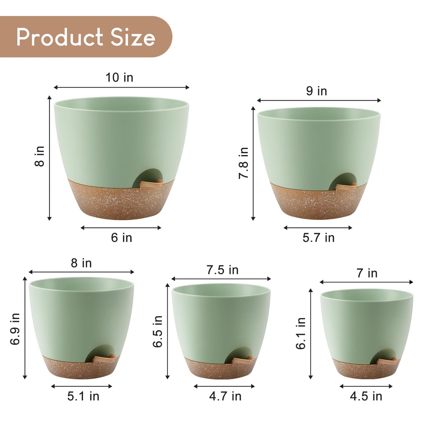 YNNICO Plant Pots 10/9/8/7.5/7 inch, Self Watering Planters with Drainage Holes & Saucers for Indoor and Outdoor Plants (Green)