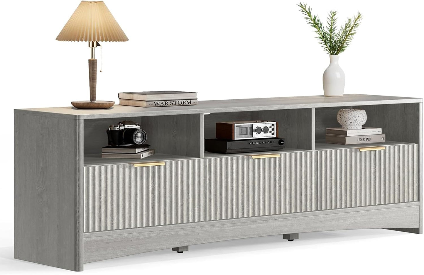 Marsail 59″ Wide TV Stand for TVs Up to 65″, Modern Entertainment Center with Fluted Panels, 3 Easy-Sliding Drawers, Open Shelves & Cable Hole, 3-Tier TV Stands for Living Room & Bedroom, Light Grey