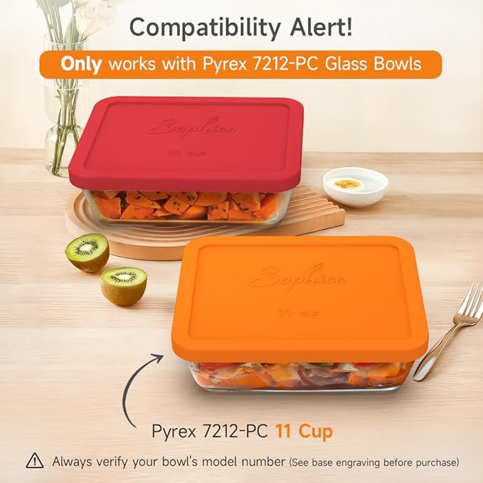 Sophico 11 Cup Rectangle Silicone Storage Cover Lids Replacement for Pyrex 7212-PC Glass Bowls, Container not Included (RED-ORANGE)