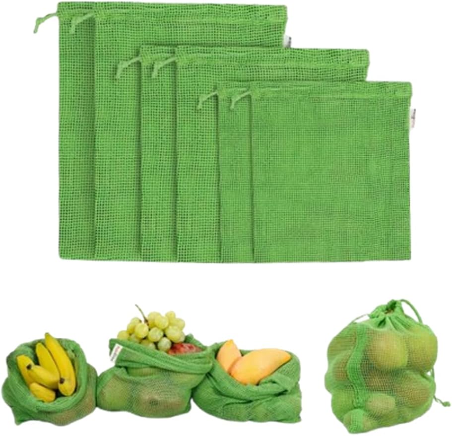Buzzspree Eco-Friendly Cotton Mesh Produce Bags – Reusable, Washable & Sustainable Drawstring Net Bags for Fruits, Vegetables, Grocery Shopping & Kitchen Storage Organizer