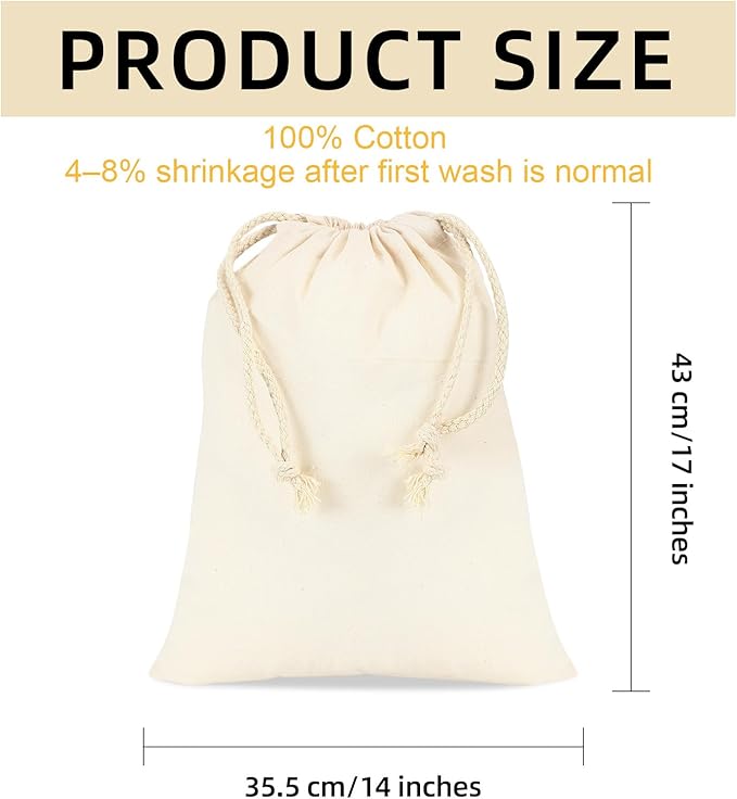 OKBA 8 Pack Cotton Muslin Drawstring Bags 14x17 Inch, Reusable Cloth Bags for DIY Projects, Grocery & Produce, Shoes, Potatoes, Onions and Christmas Storage, Eco-Friendly & Washable