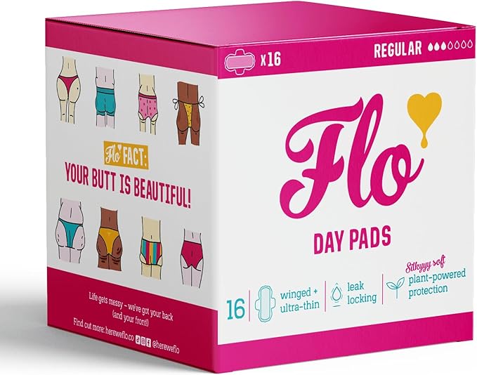 Flo - Day Menstrual Pads (16 Pack) - Regular Flow - Leak Locking - Winged + Ultra-Thin - Natural, Absorbent, Soft, & Breathable - Bamboo Period Pads for Women - Plant Based - Vegan & Cruelty Free