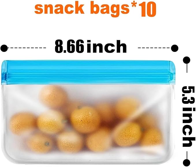 10 Pack Reusable Snack Bags – Extra-Thick, Leakproof, BPA-Free Food Storage Bags – Dishwasher Reusable Freezer Bags, Ideal for Sandwiches, Snacks, Cereal, Travel & Home Organization (Blue)
