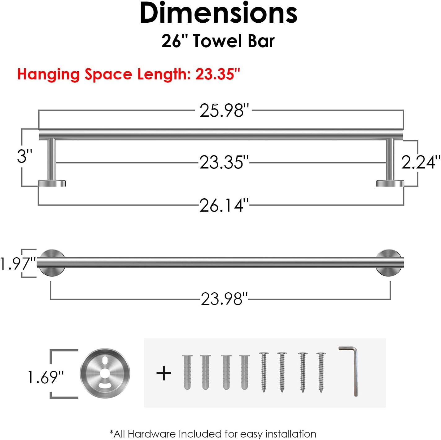FORIOUS Towel Racks for Bathroom Wall Mounted, Stainless Steel Bathroom Towel Rack 24 Inch, Includes Wall Mounting Hardware (Brushed Nickel, Total Length 26-Inch)