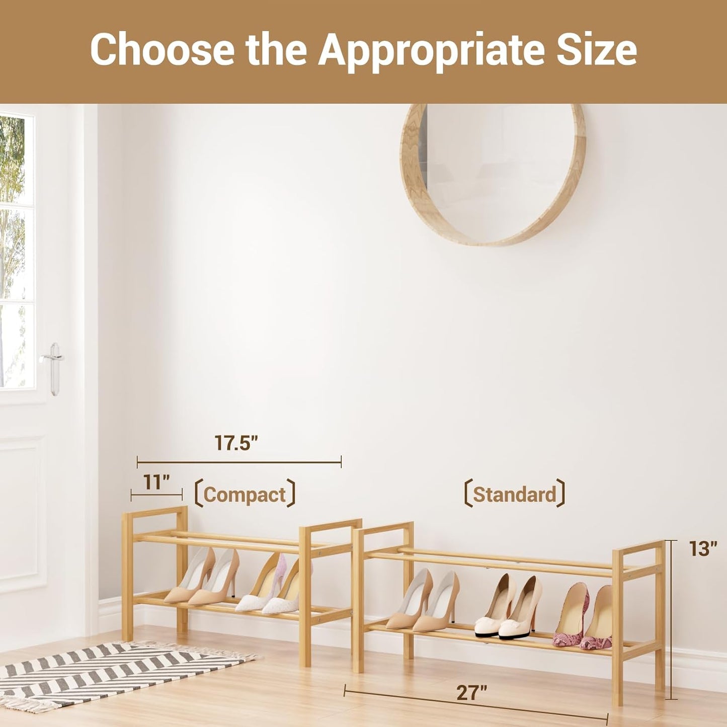 Haddockway Bamboo Shoe Rack for Closet, Free Standing Shoe Organizer with Smooth Round Rods & Convenient Handles, Stackable Shoe Storage Shelf for Entryway, Hallway(Natural, 2-Tier)