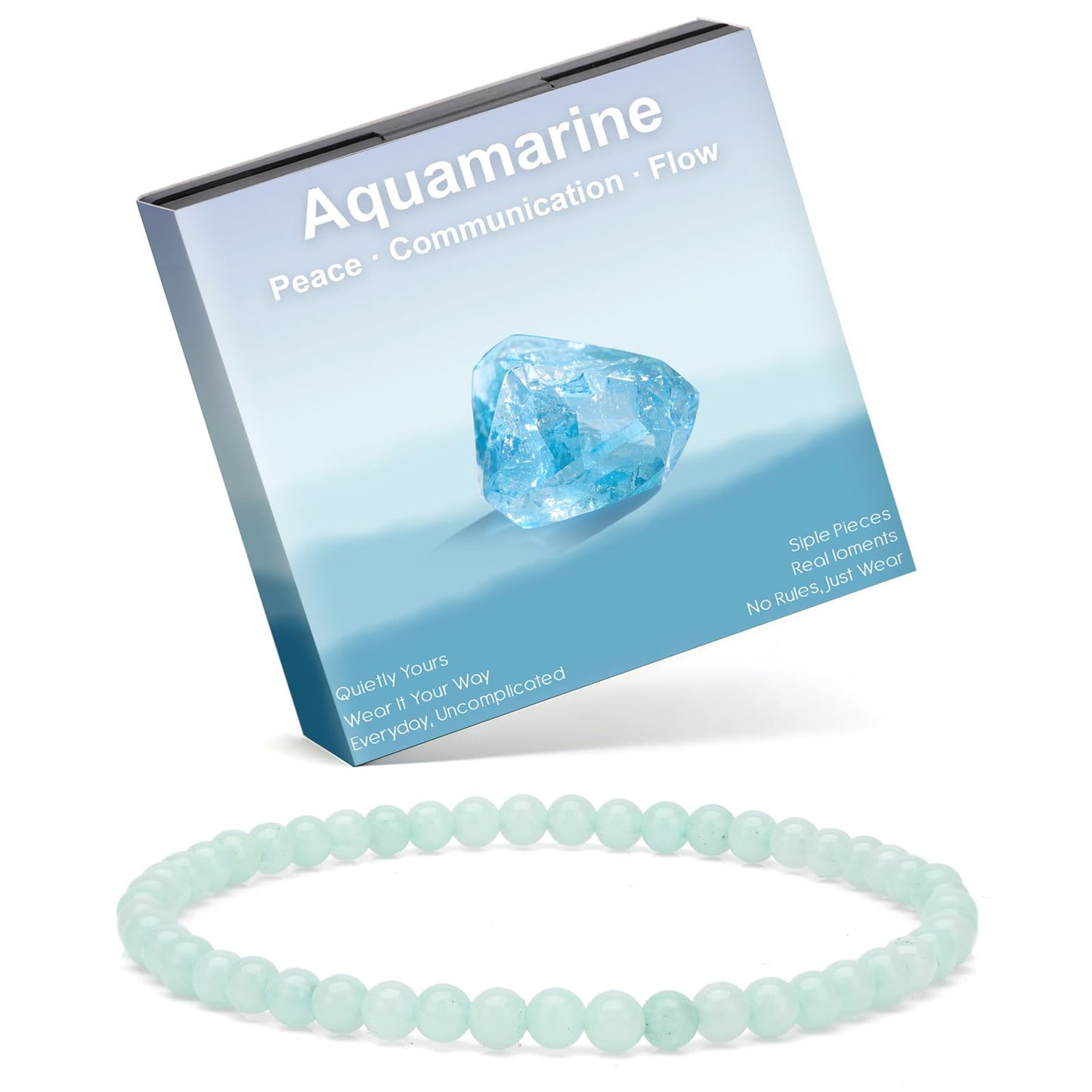 Risyfjew 4MM Handmade Aquamarine Natural Gemstone Stretch Elastic Bracelet,PE Film Anti-oxidation Packaging Natural Stone Crystal Healing Power Energy Gifts for Adult