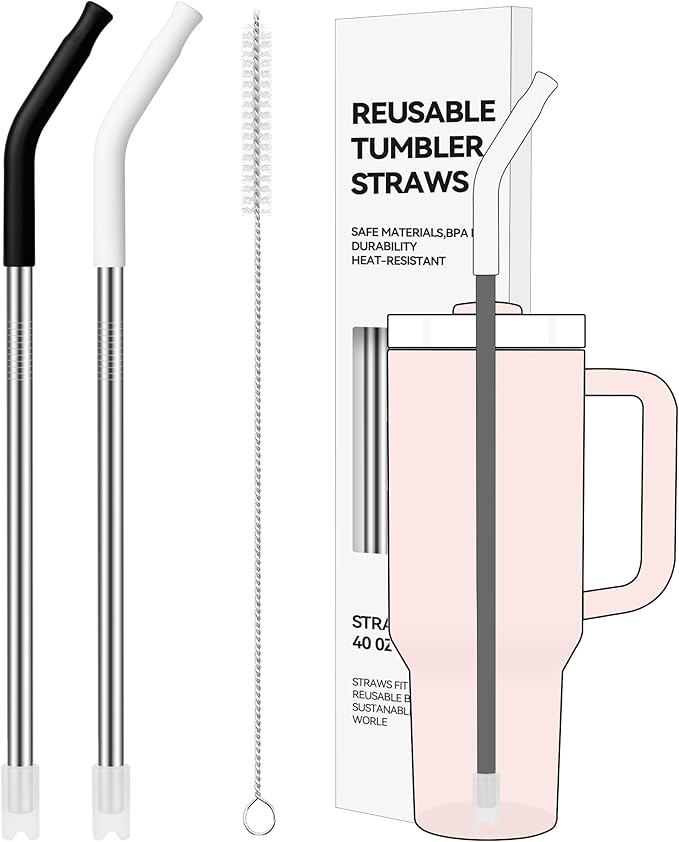 40oz Metal Straws for Stanley 40oz Cup & 64oz Jugs, 2 PCS Extra-Long Stainless Steel Straws with Removable Silicone Tips, Fits Large Tumblers & Oversized Mugs