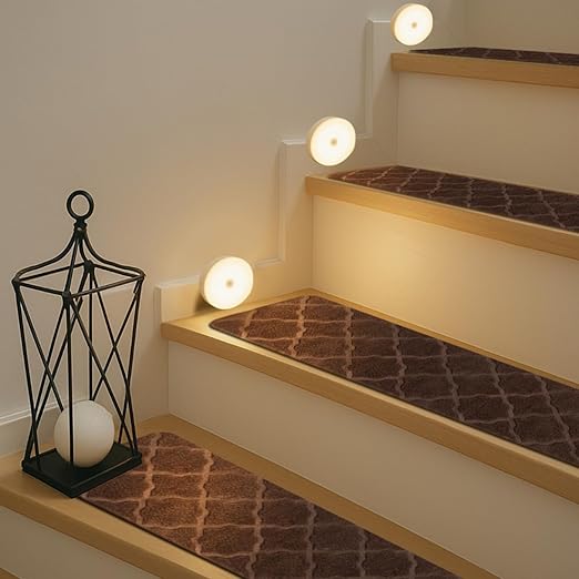 Stair Treads for Wooden Steps Indoor, Includes 15 Non-Slip Carpet Mat 8x30in with 5 Motion Sensor Lamps, Peel & Stick Carpet Stair Treads,Safety Stair Rugs for Kids, Elderly and Pets (Coffee)